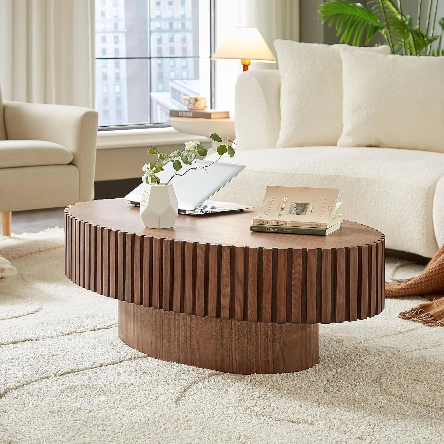 Oval Coffee Table for Living Room, Modern Fluted Coffee Tables with Pedestal Base, Handcrafted