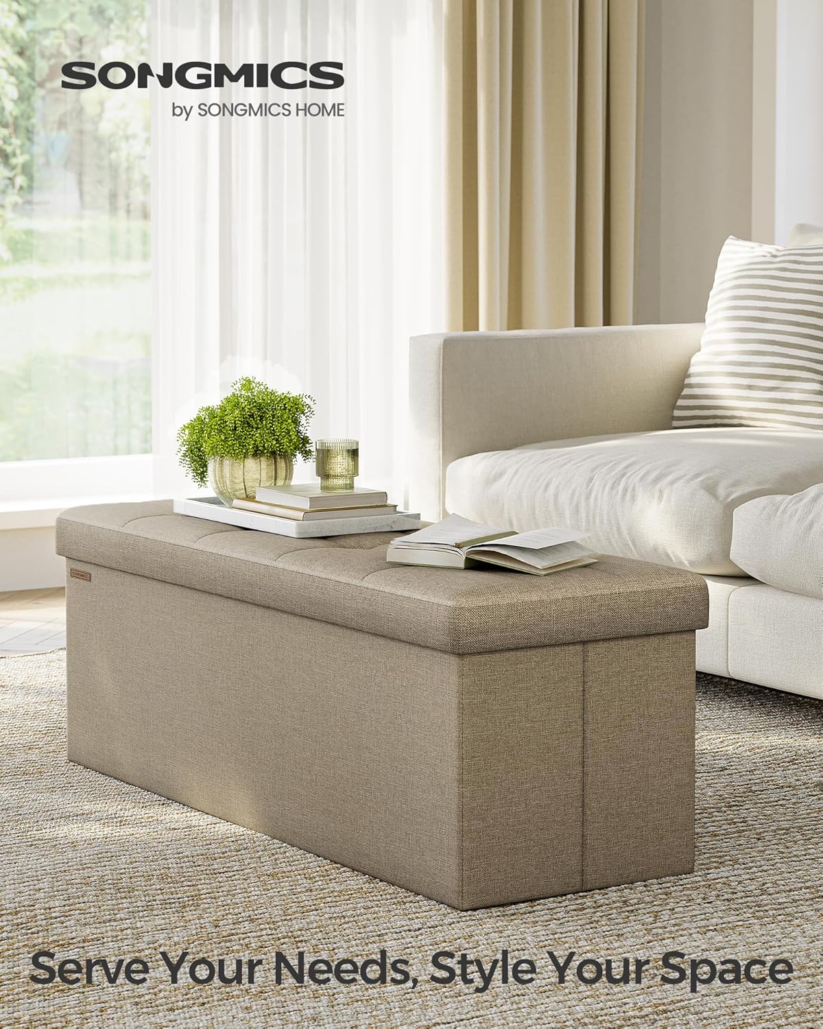 SONGMICS MAZIE Collection - 43 Inches Folding Storage Ottoman Bench, Ottoman Foot Rest, End of Bed