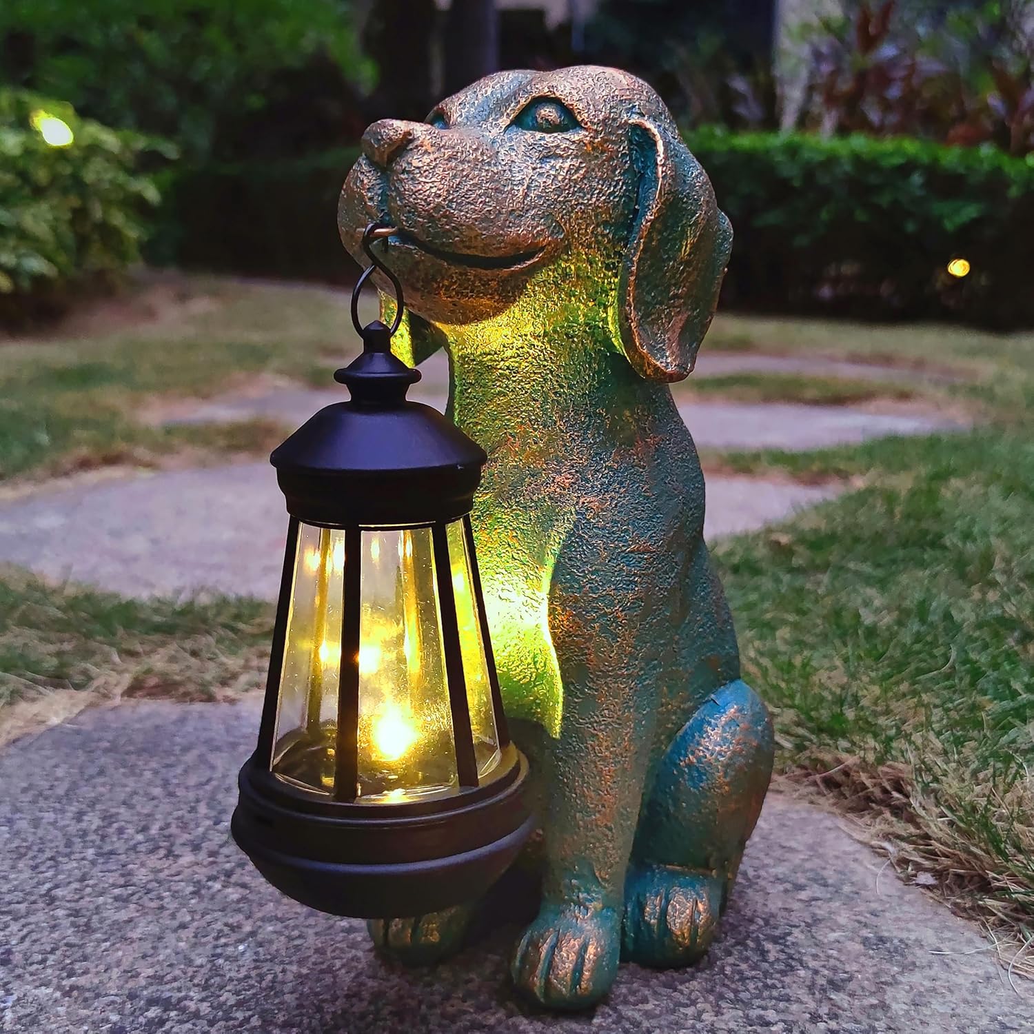 Dog Garden Statue Outdoor Décor with Solar Lights Lantern,Dog Solar Light Figurines Outside
