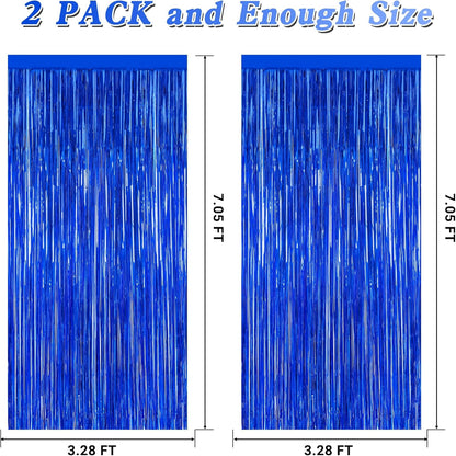 2 PCS Tinsel Backdrop, 3.28 FT x 7.05 FT Dark Blue Backdrop Curtains, Metallic Passover Fringe