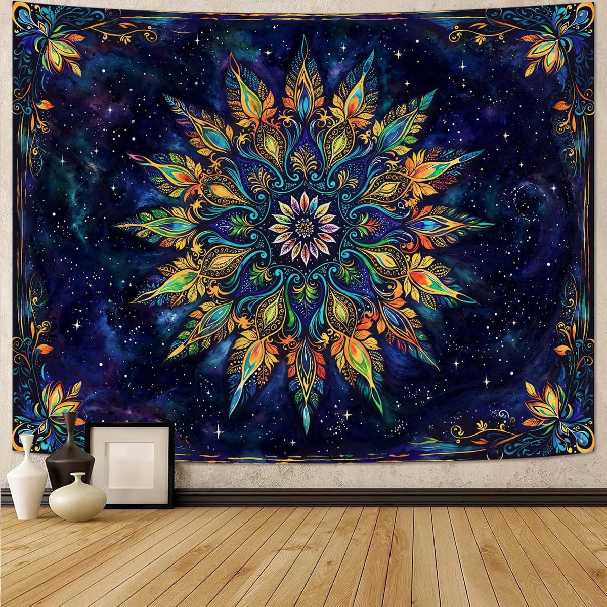 Fowocu Boho Floral Mandala Tapestry for Bedroom Aesthetic Blue Bohemian Colorful Flower Wall