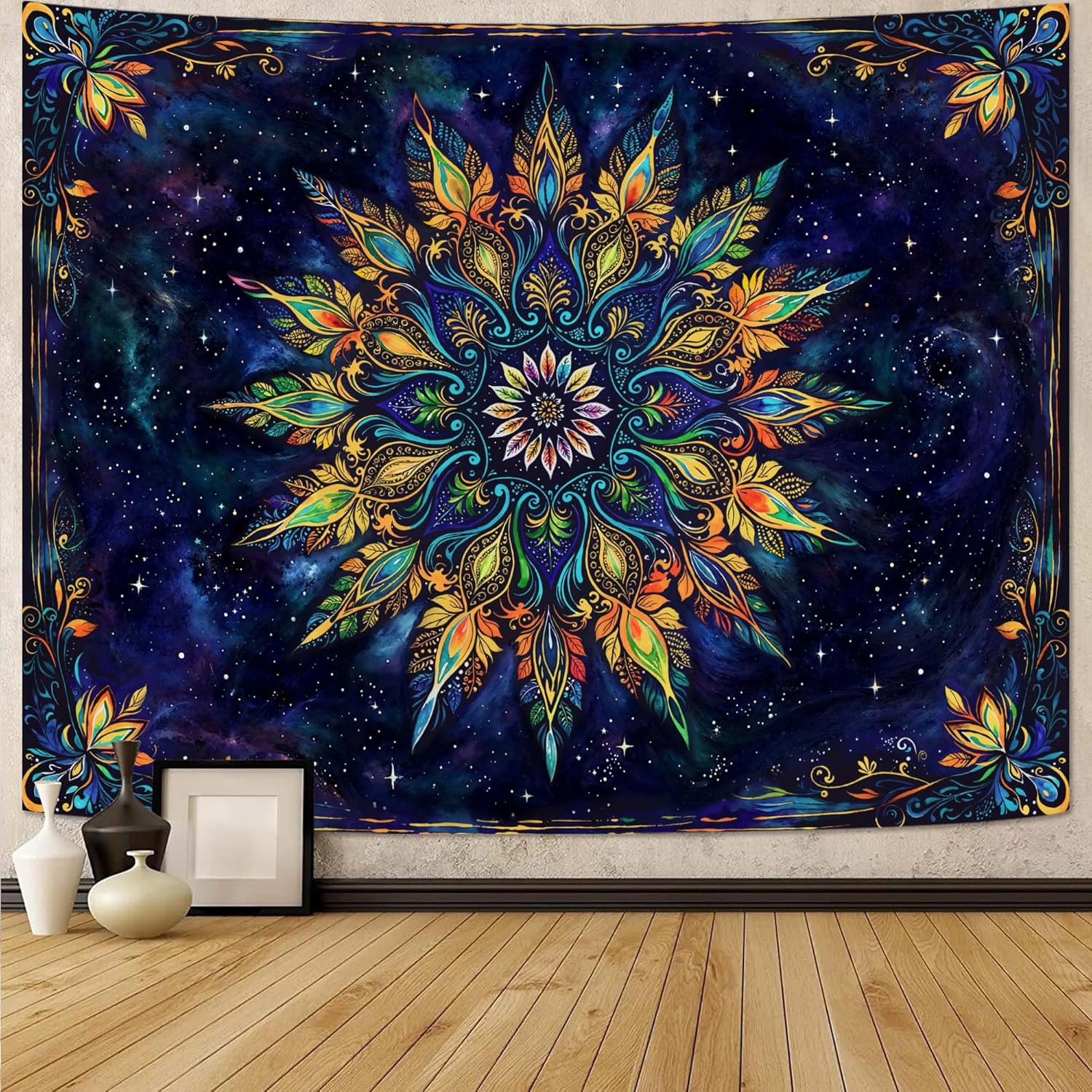 Fowocu Boho Floral Mandala Tapestry for Bedroom Aesthetic Blue Bohemian Colorful Flower Wall