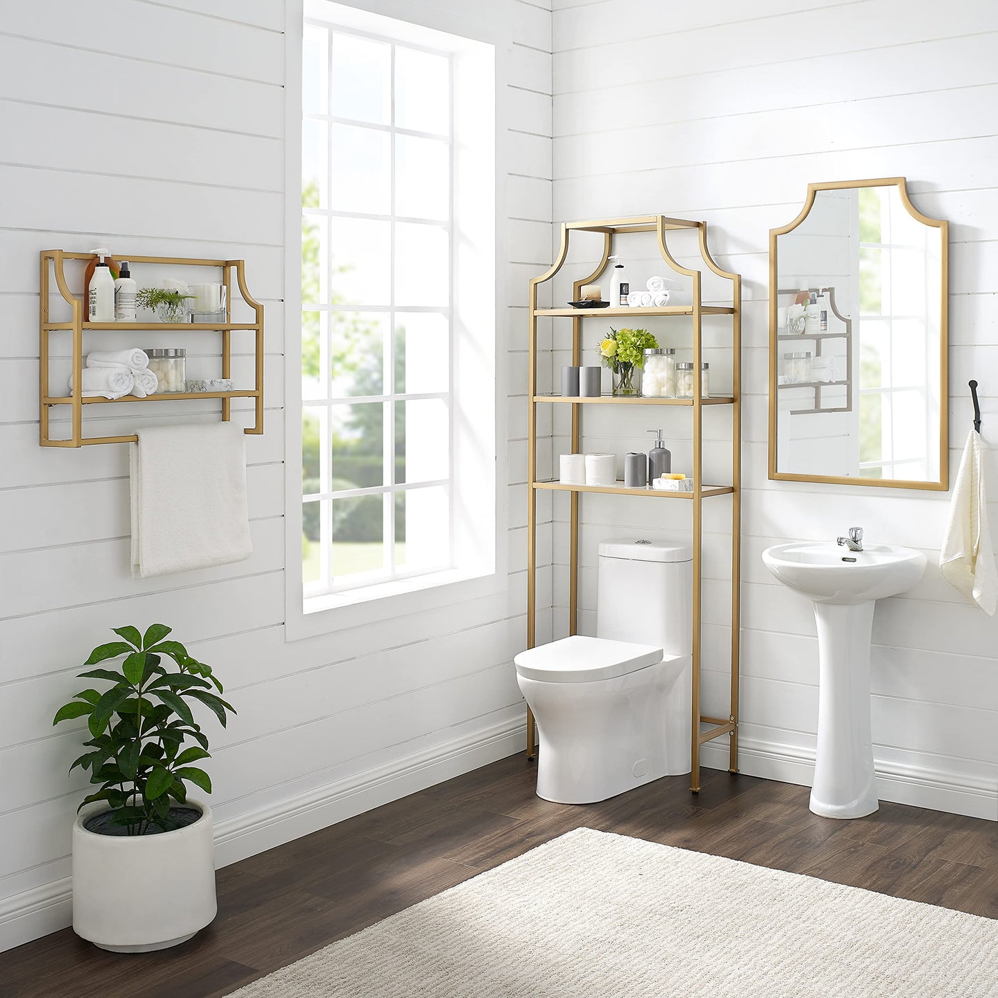 Crosley Furniture Aimee Wall Mounted Bathroom Storage Shelf with Towel Rack and Shelves, Gold
