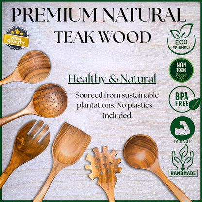 Wooden Spoons for Cooking - 8 Piece Natural Teak Kitchen Utensil Set Non Toxic - Teak Wooden
