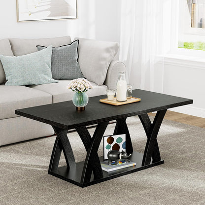 47” Wood Coffee Tables for Living Room Rustic Stands with Storage Shelf Black Coffee Tables for