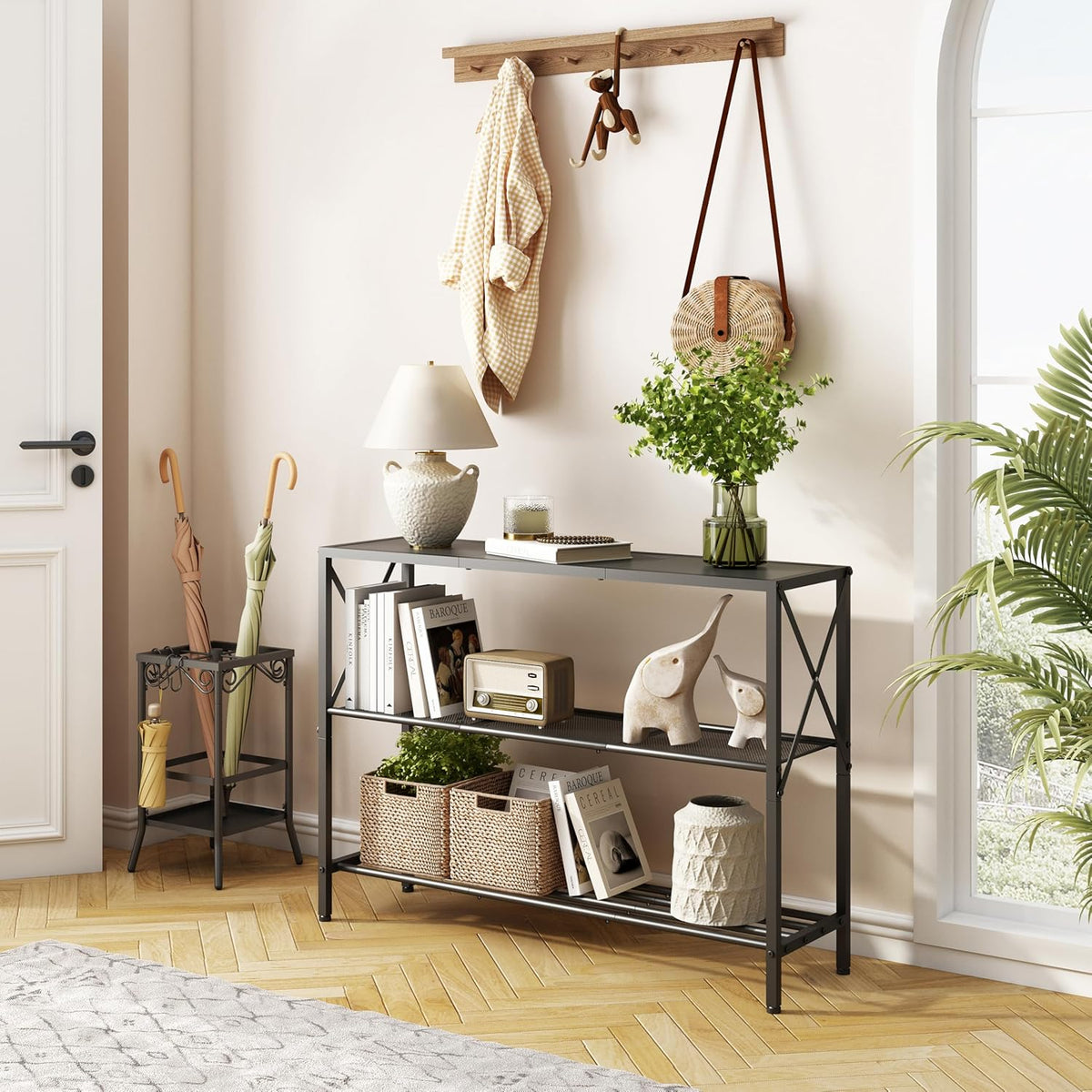 Hoctieon Industrial Console Table, 3 Tier Entryway Table, Hallway Table, Narrow Sofa Table with