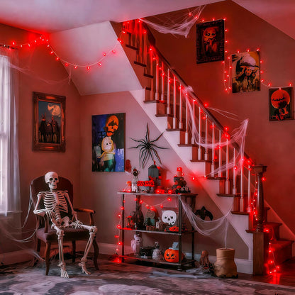 JMEXSUSS 33ft 100 LED Red Halloween Lights, 8 Modes Room String Light Indoor Plug-in, Clear Wire