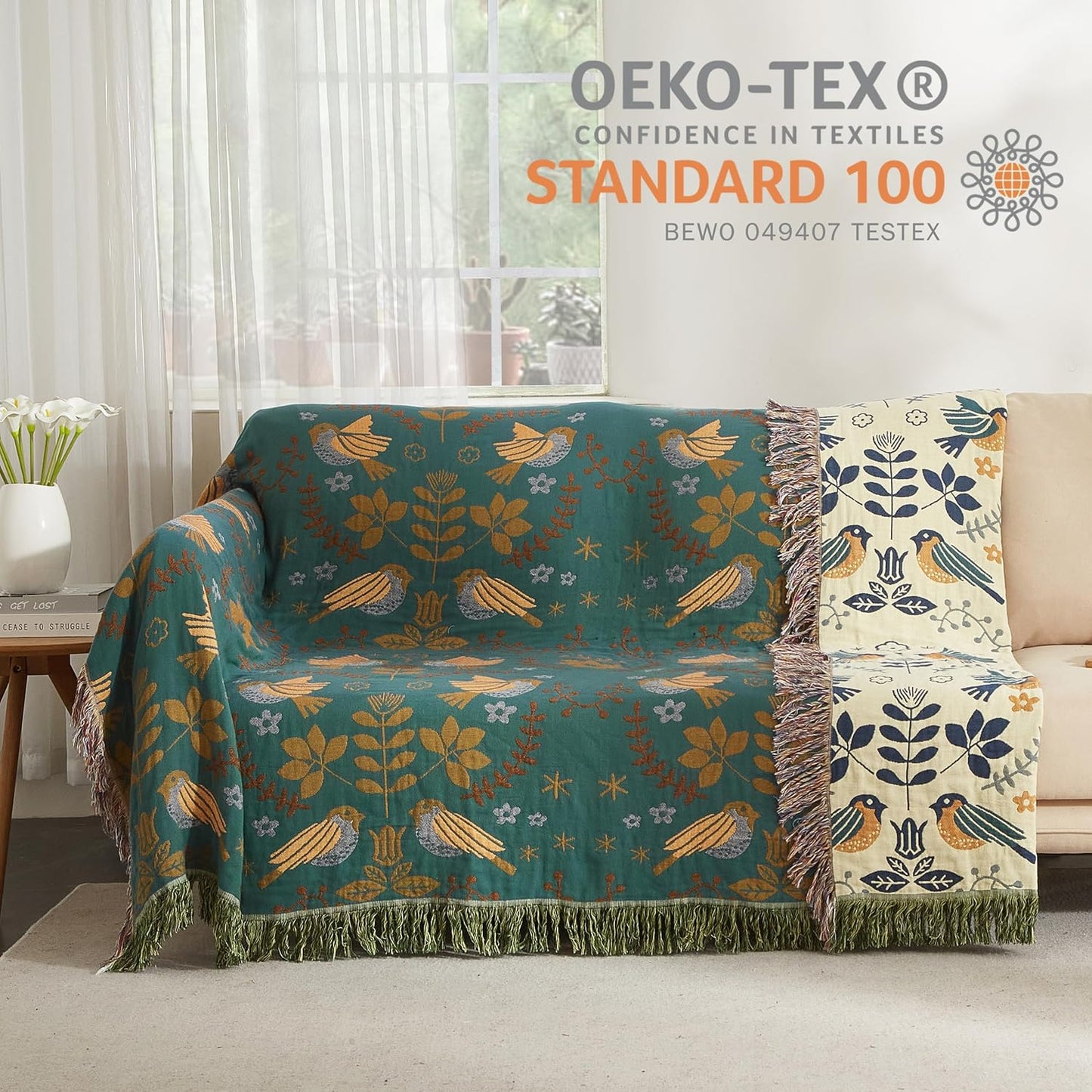 Boho Throw Blanket for Bed 90”x98”, 100% Cotton Woven Blanket for Couch Sofa, Ultra Soft 4-Layer