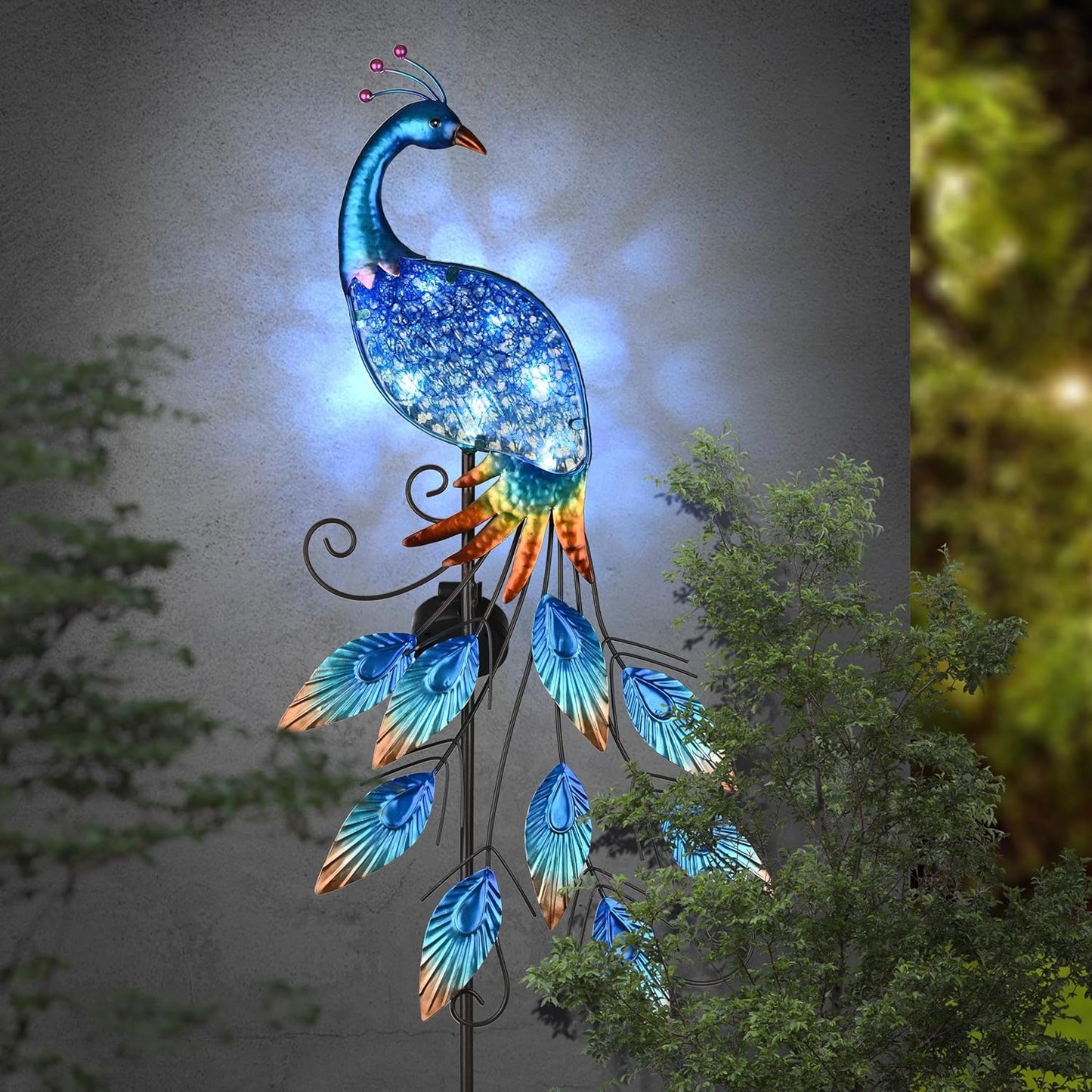 TERESA'S Collections Garden Decor Blue Peacock with Solar Outdoor Lights, 40" Glass Yard Art for