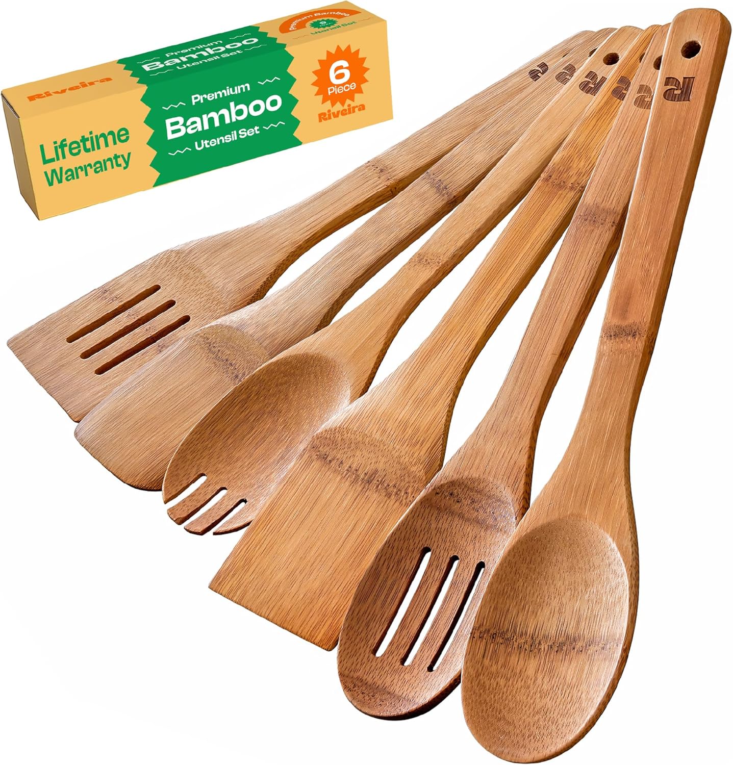 Riveira Dark Bamboo Wooden Spoons for Cooking 6-Piece, Apartment Essentials Wood Spatula Spoon