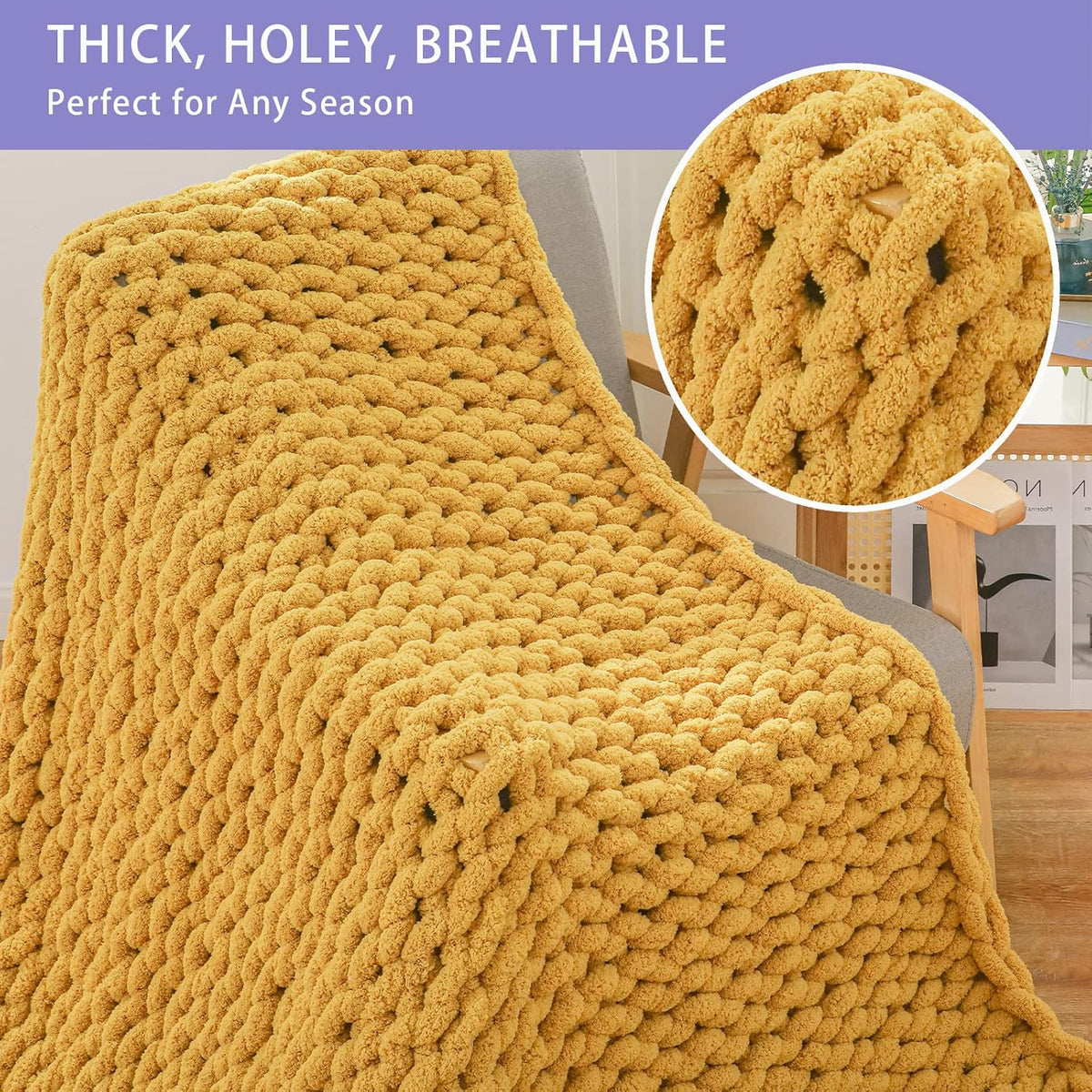 Bigacogo Chunky Knit Throw Blanket for Couch, 40x80 inches, 100% Hand Knitted with Thick Jumbo