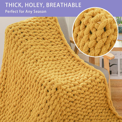 Bigacogo Chunky Knit Throw Blanket for Couch, 40x80 inches, 100% Hand Knitted with Thick Jumbo