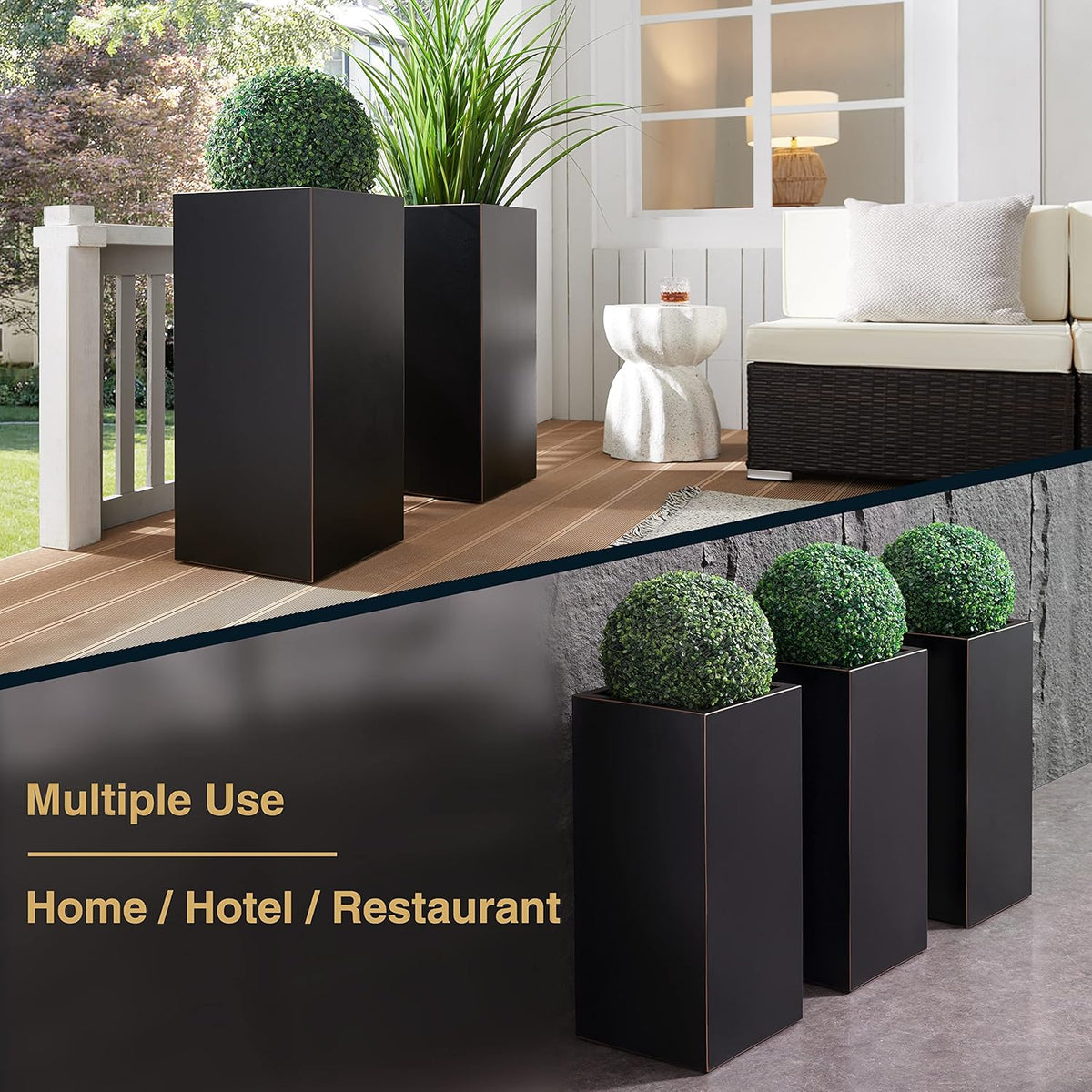 Metallic Heavy Planter for Outdoor Plants, 14Lx14Wx30H Inches, Tall Metal Planter Box with Hand