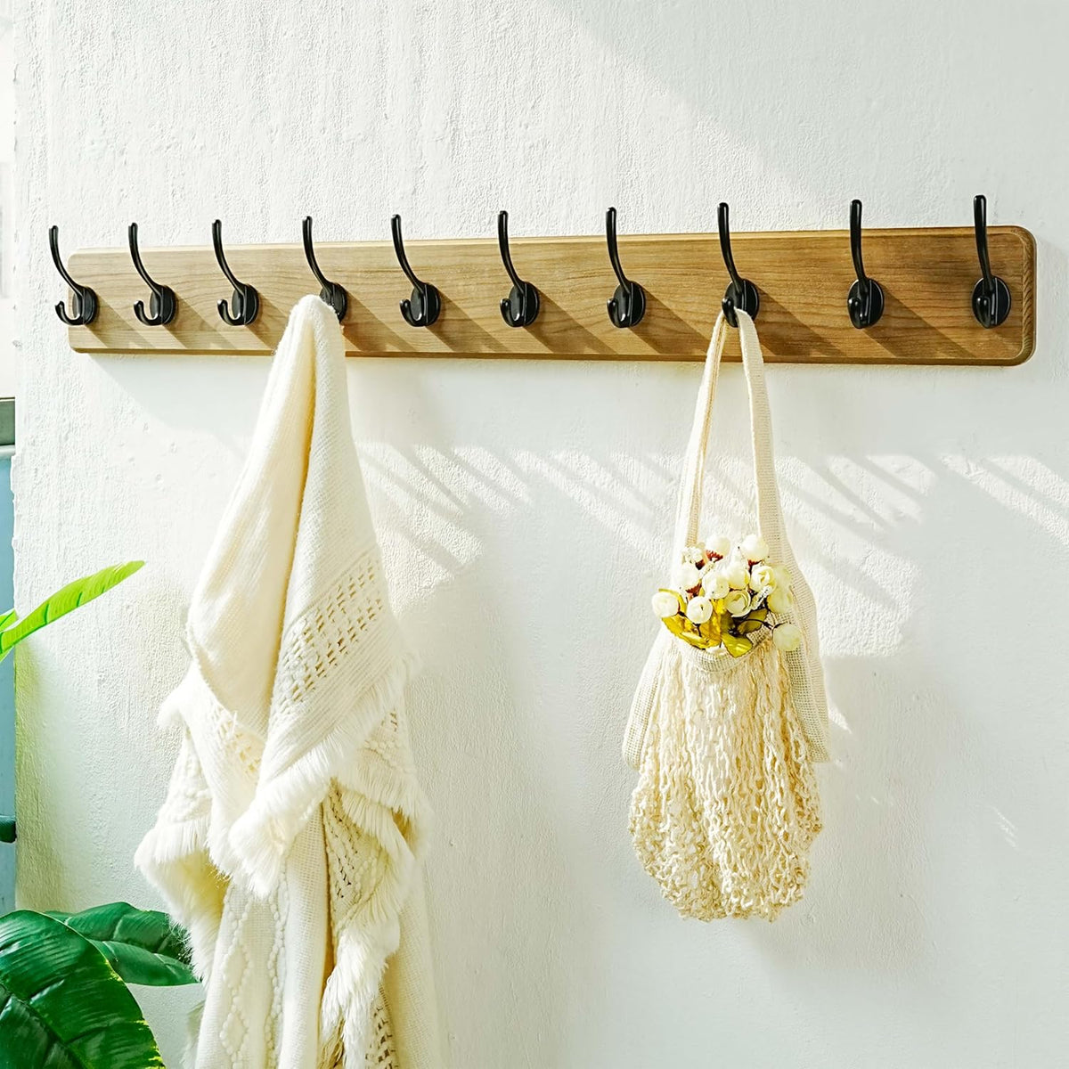 Dseap Coat Rack Wall: 38-1/4" Long, Patented, Heavy-Duty, 10-Double-Hooks Wooden Wall Mounted Coat