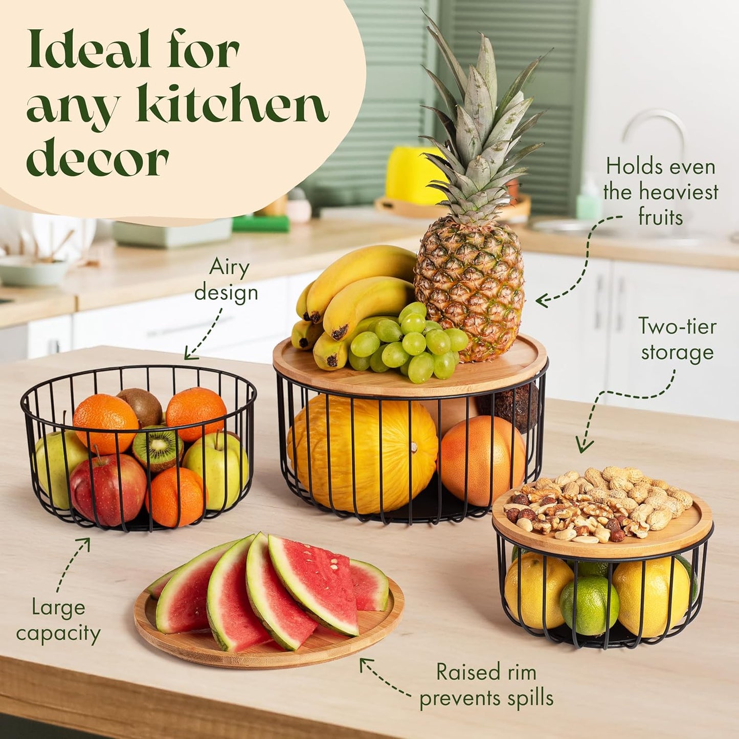 Fruit Basket for Kitchen Counter Set of 3 - Large Stackable Baskets with Bamboo Lid - Perfect