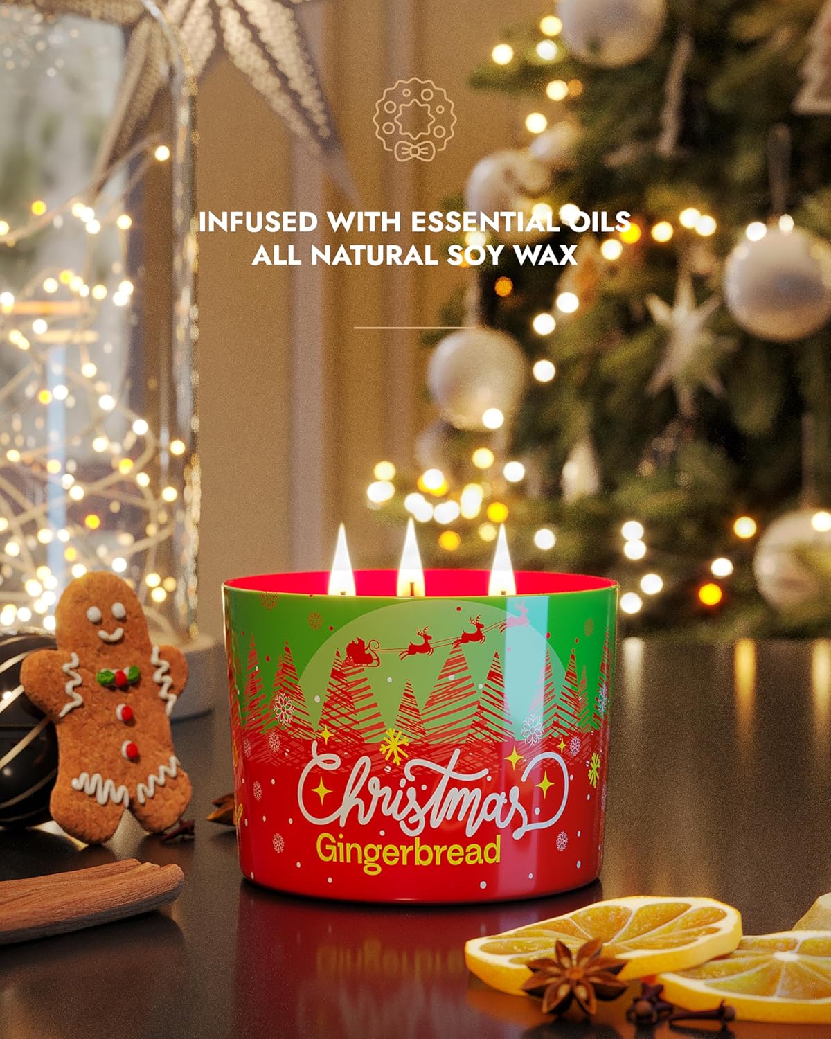 96NORTH Luxury Christmas Candle Gingerbread Scented | Large 3-Wick Jar Candle | Up to 40 Hours