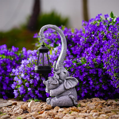 Elephant Outdoor Statues with Cute Baby Garden Decor, Resin Elephant Figurines with Solar Lantern