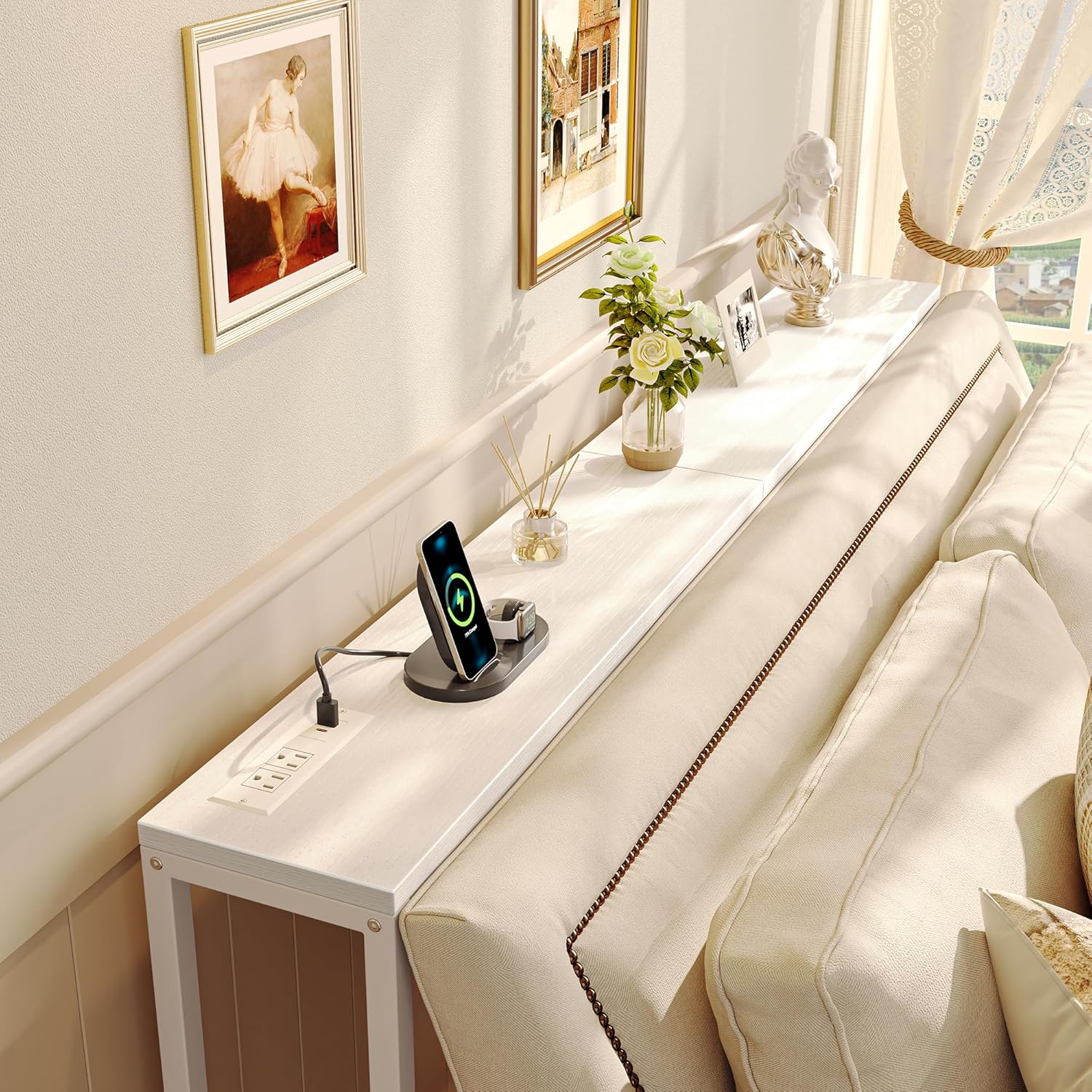 SUPERJARE Console Table with Outlet, 63 Inch Sofa Table with Charging Station, Narrow Entryway