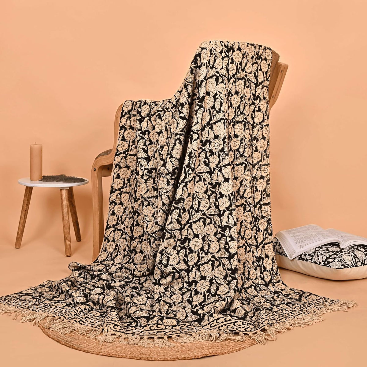 Handmade Cotton Throw Blanket 48x70 Inches | Black & Beige Floral Block Print Decorative Sofa Throw