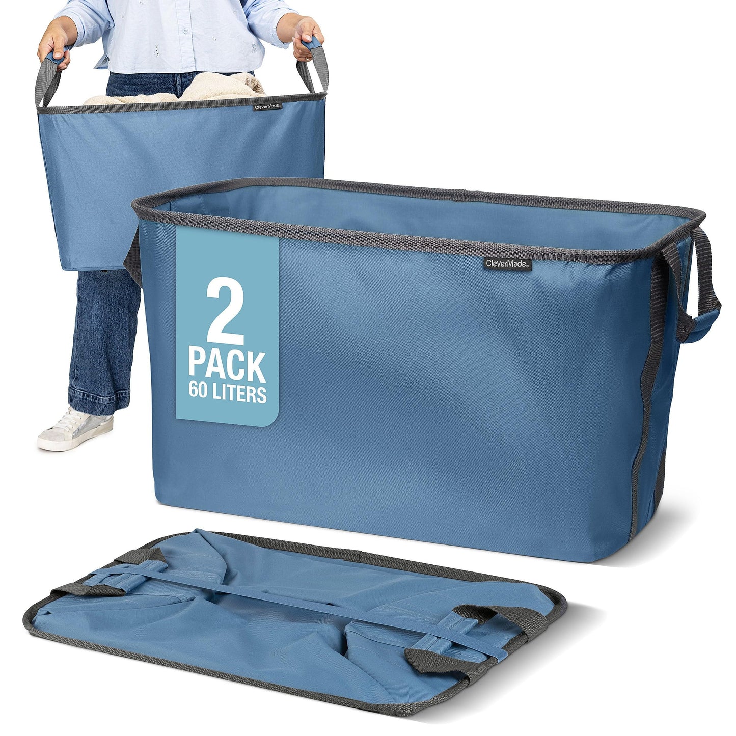 CleverMade Collapsible Laundry Basket, 60L Pop-Up Hamper, 2 Pack, Denim