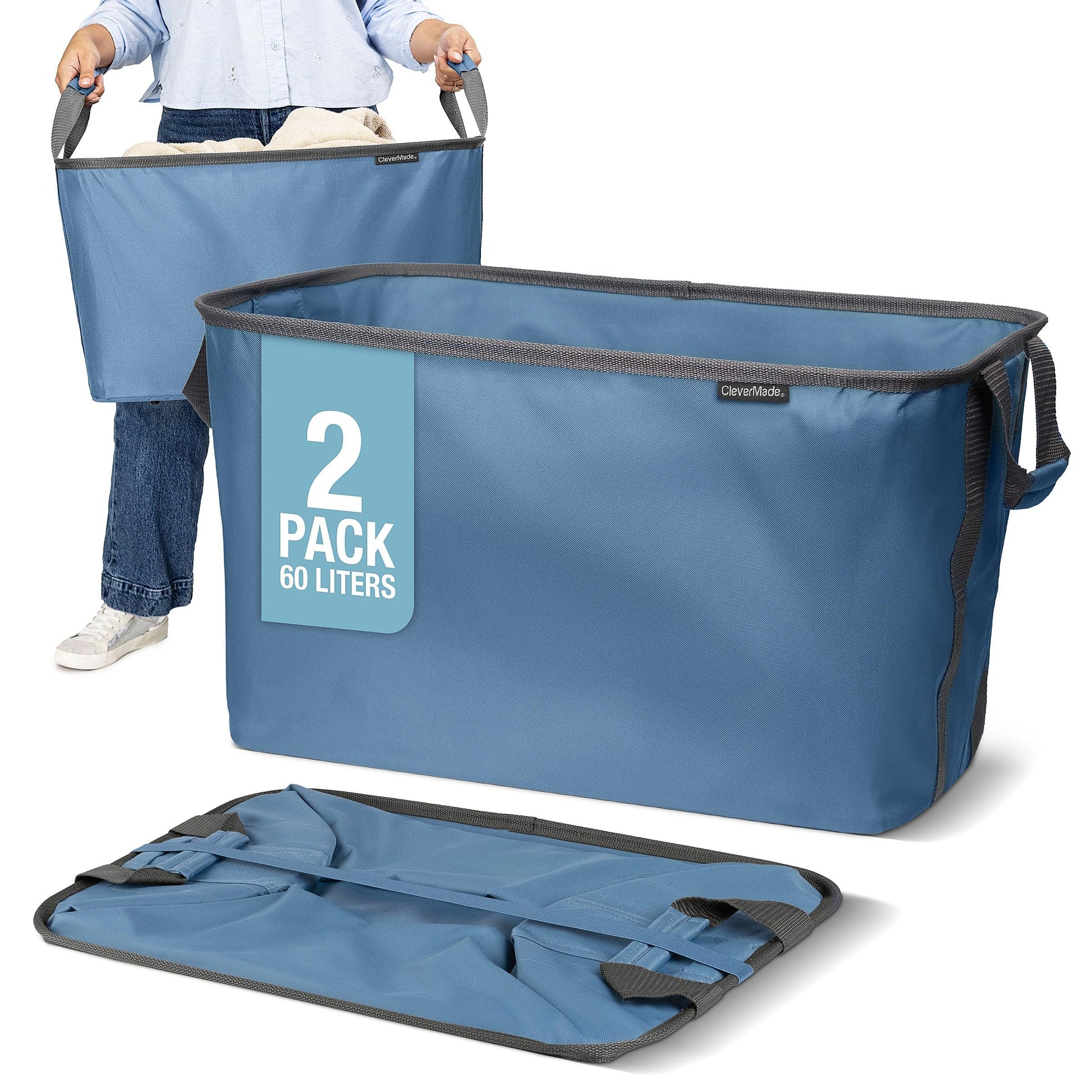 CleverMade Collapsible Laundry Basket, 60L Pop-Up Hamper, 2 Pack, Denim