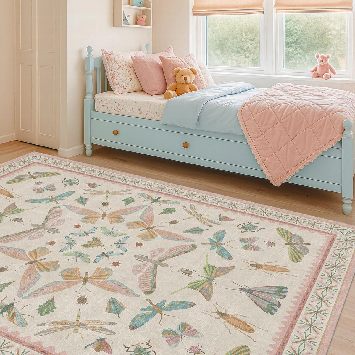 Light Pink Nursery Rug for Baby, Cute 5x7 Area Rugs for Girls Bedroom, Kids Room, Playroom
