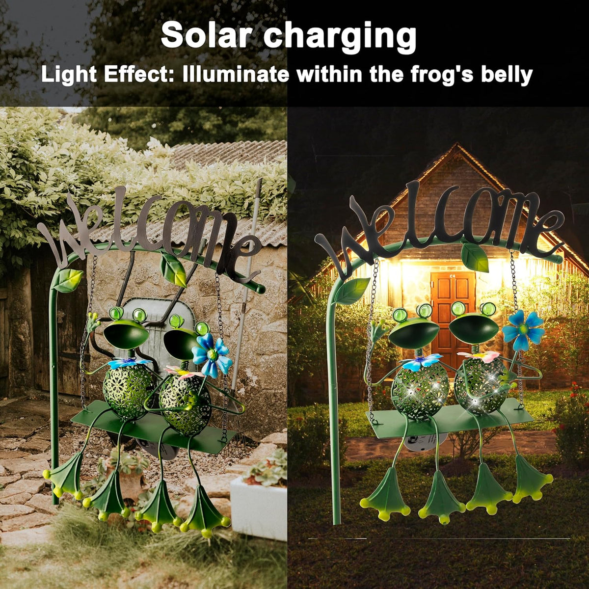 Frog Solar Light Garden Outdoor Decoration Swing Metal Stake Lamp with Welcome Sign Waterproof