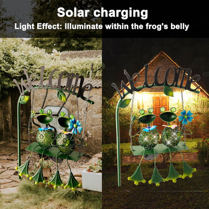 Frog Solar Light Garden Outdoor Decoration Swing Metal Stake Lamp with Welcome Sign Waterproof