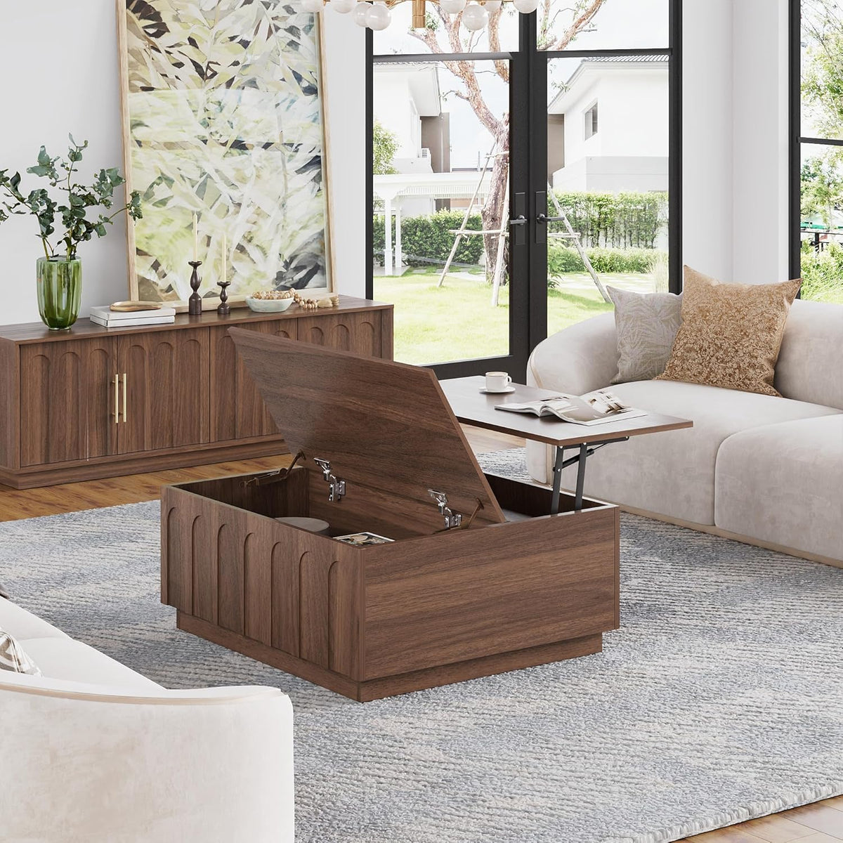Lift Top Coffee Table with Storage, Mid Century Modern Coffee Table with Arched Design, 31.5"