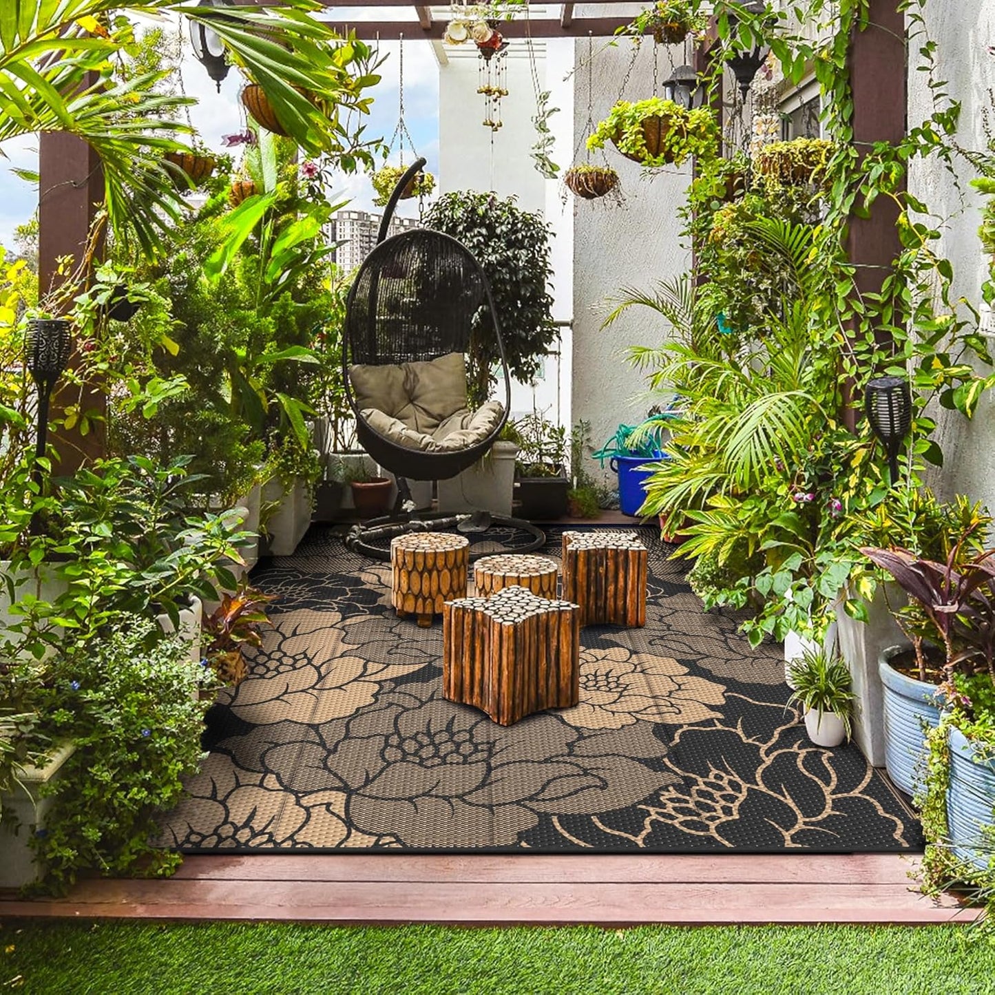 GENIMO Outdoor Rug Waterproof for Patio Decor, 8' x 10' Reversible Plastic Straw Floral Camping