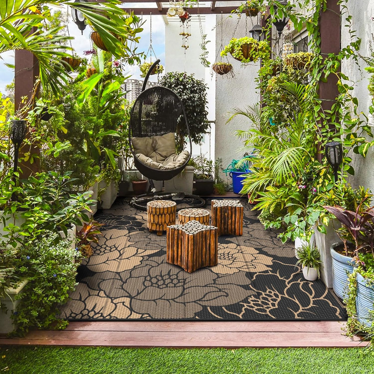GENIMO Outdoor Rug Waterproof for Patio Decor, 8' x 10' Reversible Plastic Straw Floral Camping