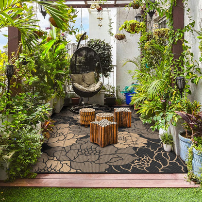 GENIMO Outdoor Rug Waterproof for Patio Decor, 8' x 10' Reversible Plastic Straw Floral Camping