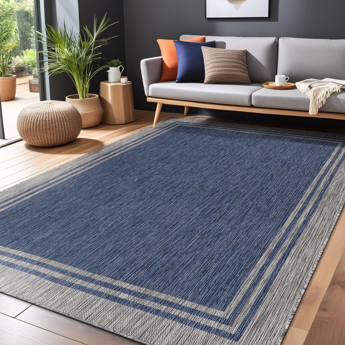 Bordered Outdoor Rug 9x12 Washable Outside Carpet for Indoor Patio Porch Waterproof Easy Cleaning