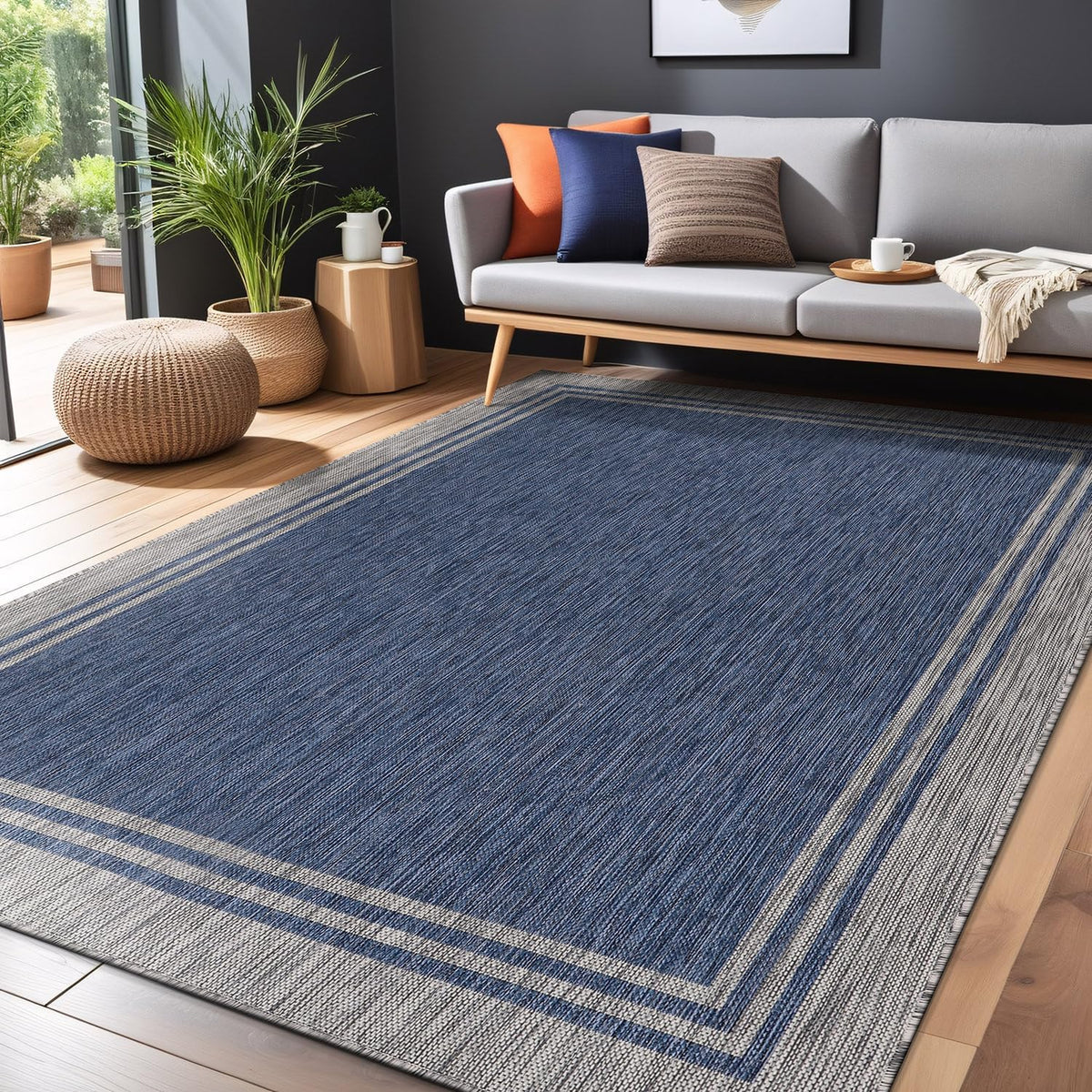 Bordered Outdoor Rug 9x12 Washable Outside Carpet for Indoor Patio Porch Waterproof Easy Cleaning