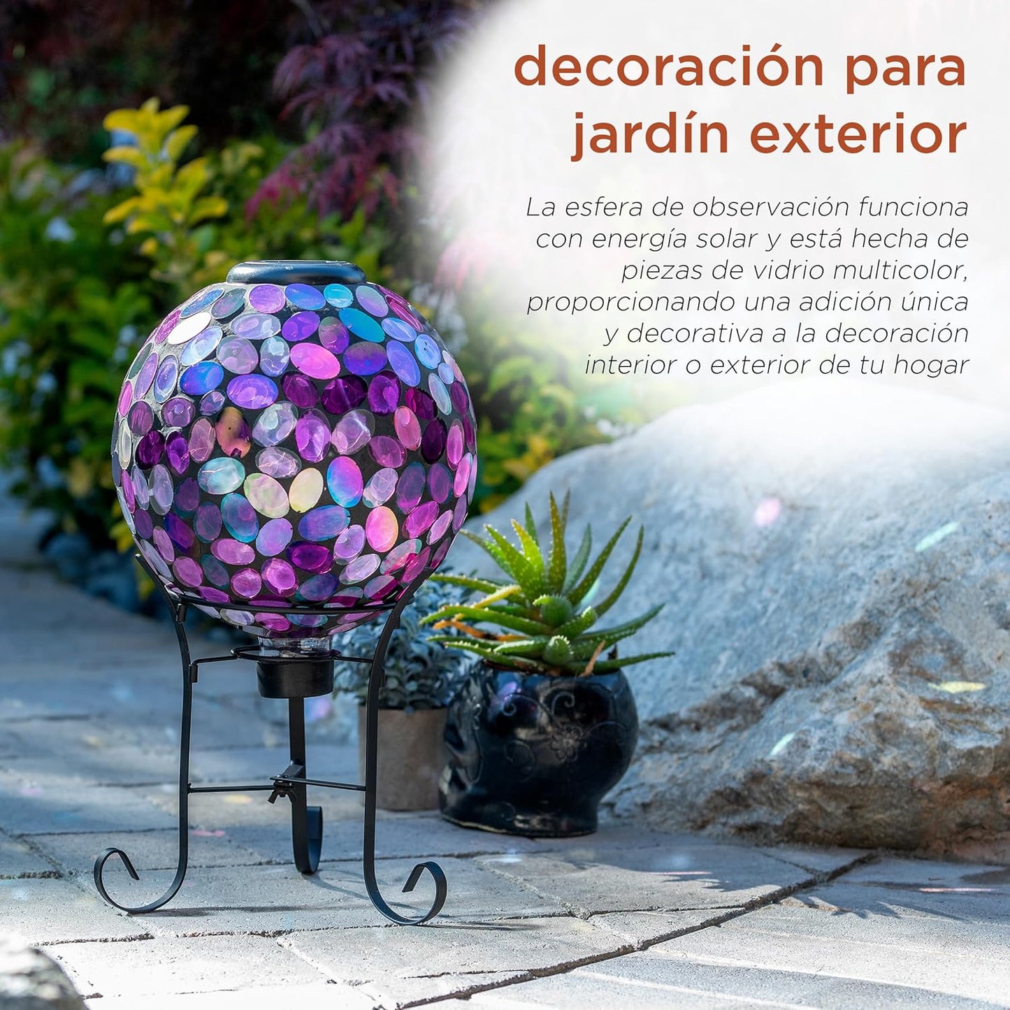 Alpine Corporation Outdoor Solar Powered Pink Glass Mosaic Gazing Globe with LED Lights and Metal