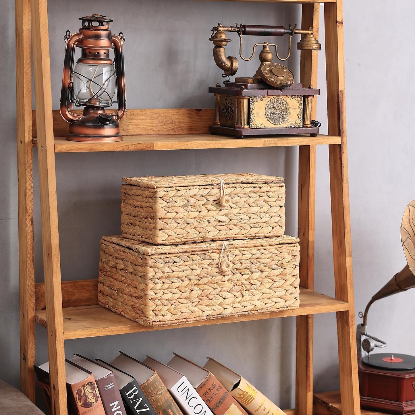 Set of 2 Rectangular Wicker Storage Bins with Lid, Rattan Basket Decorative Boxes, Multipurpose