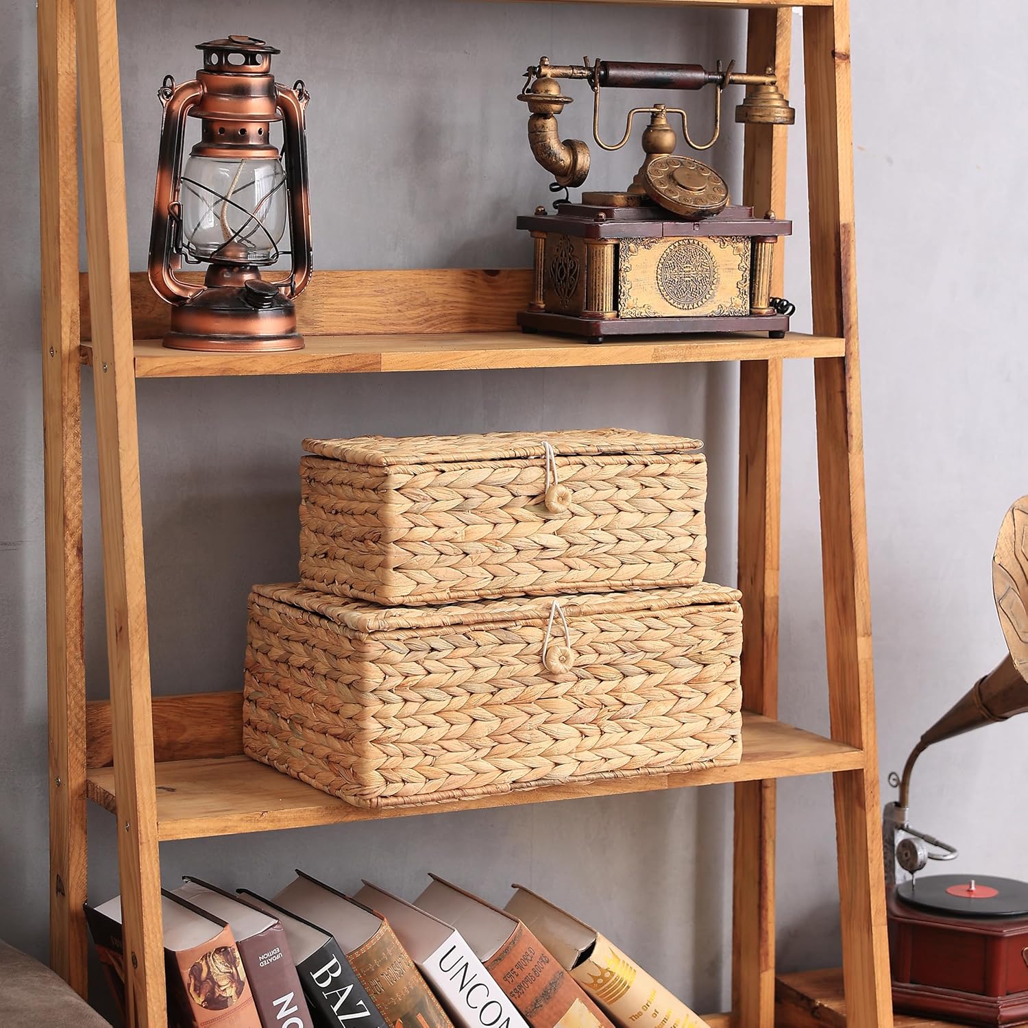 Set of 2 Rectangular Wicker Storage Bins with Lid, Rattan Basket Decorative Boxes, Multipurpose