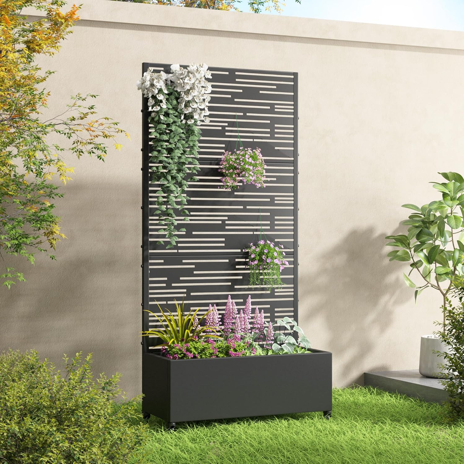 Casaphoria Metal Raised Garden Bed with Trellis and Wheels, 72"x35"x16" Planter Box for Climbing