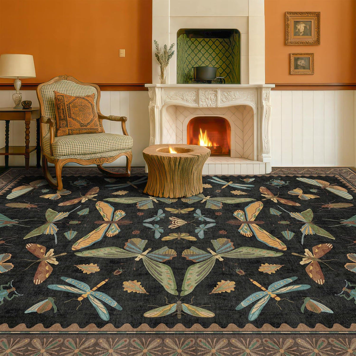Living Room Rug Black Boho 6x9 - Dining Room Rugs for Under Table, Bedroom, Insect Bug Eclectic
