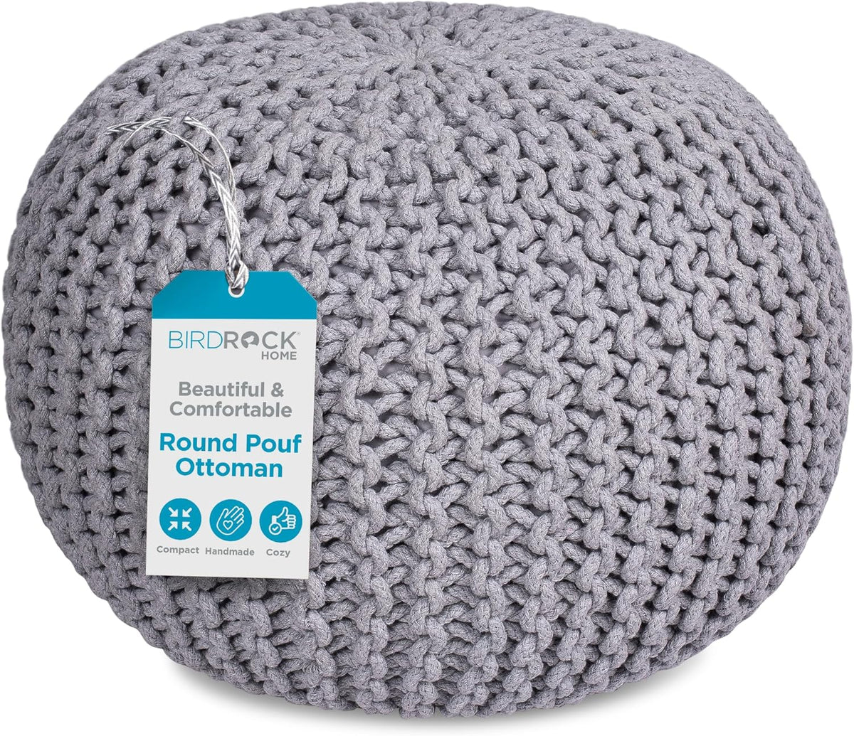 BIRDROCK HOME Round Pouf Ottoman | Cotton Braided Foot Stool with Bean Bag Filling | Boho Foot Rest