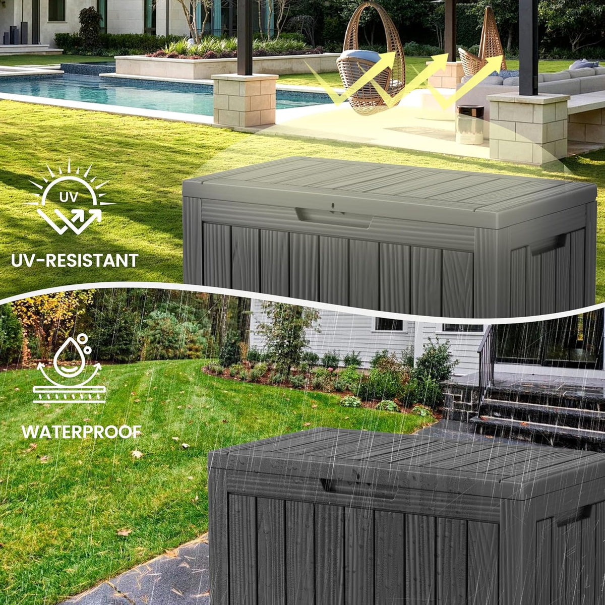 45 Outdoor Storage Box, Waterproof Resin Deck Box with Side Handles, Lockable Outdoor Bench for