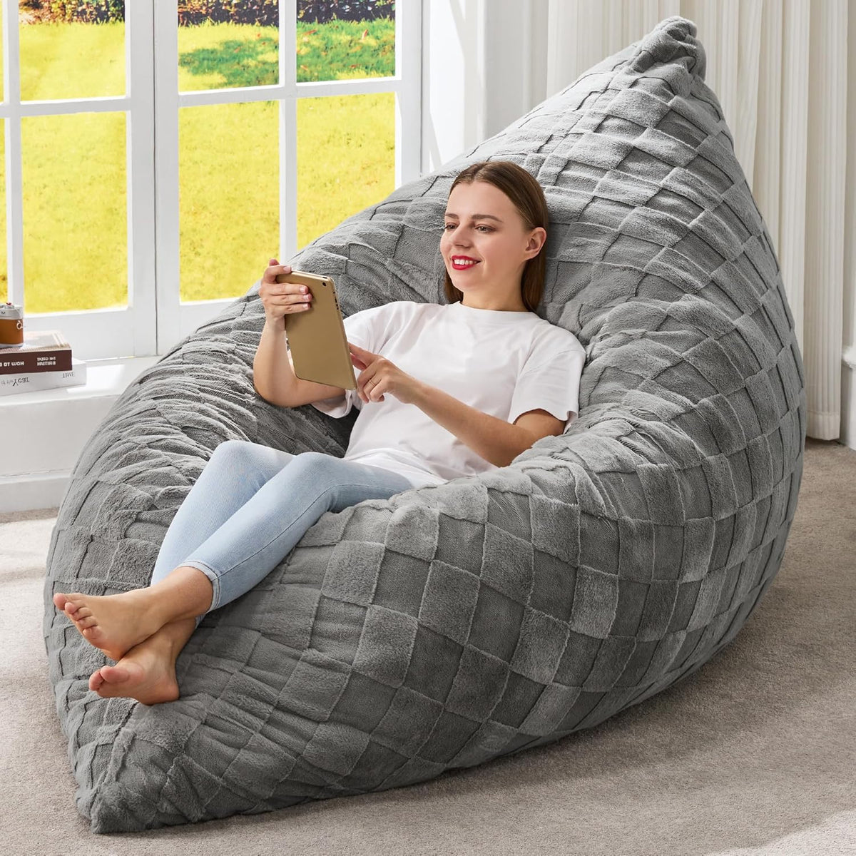 Hobestluk 3 in 1 Bean Bag Chair Giant Bean Bag Chairs for Adults with Plaid Cover Convertible Bean