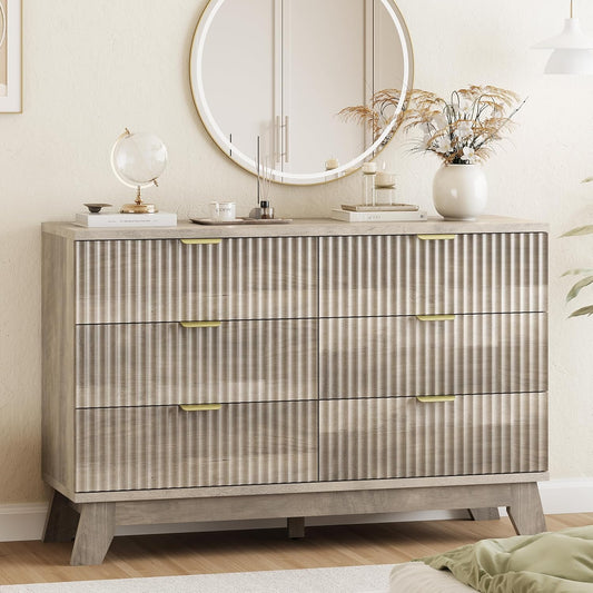Fluted Dresser for Bedroom with 6 Drawers, 48" Wide Modern Chest of Drawers with Metal Handle