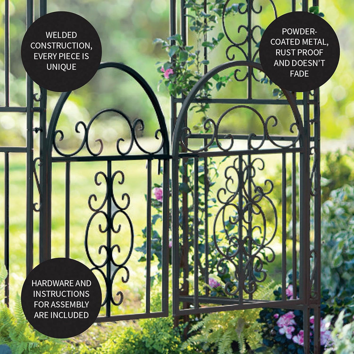 Plow & Hearth Arch Metal Outdoor Garden Arbor Double Gate | Montebello | 7 Feet Tall | Gunmetal
