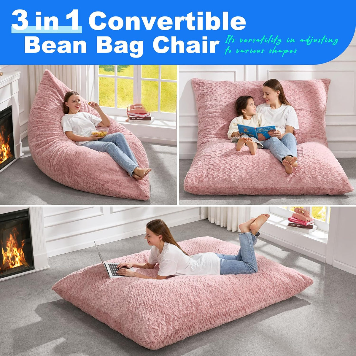 Hobestluk 3 in 1 Bean Bag Chair Giant Bean Bag Chairs for Adults with Chevron Plush Fur Cover