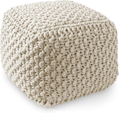 Casafield Square Pouf Ottoman, Natural - 18.5" W x 18.5" D x 14.5" H Cotton Knit Foot Stool - Boho