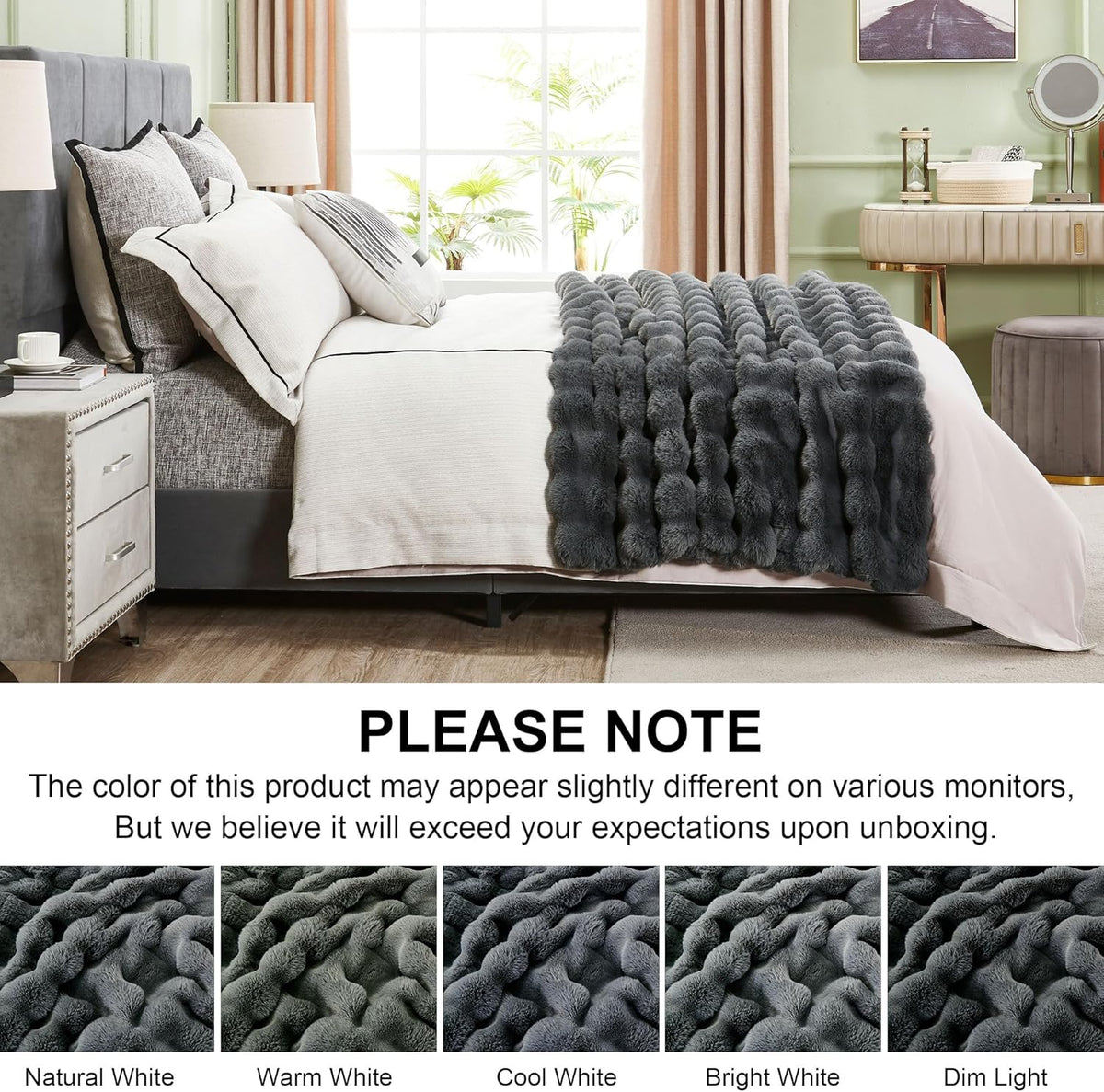 DREAMNINE Large Soft Thick Fuzzy Bubble Faux Rabbit Fur Bed Blanket Queen Size 80" x 90",Reversible