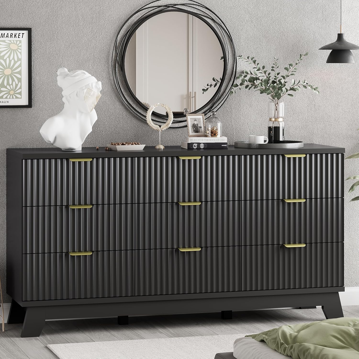Fluted Dresser for Bedroom with 9 Drawers, 57" Wide Chest of Drawers with Metal Handle, Modern Wood