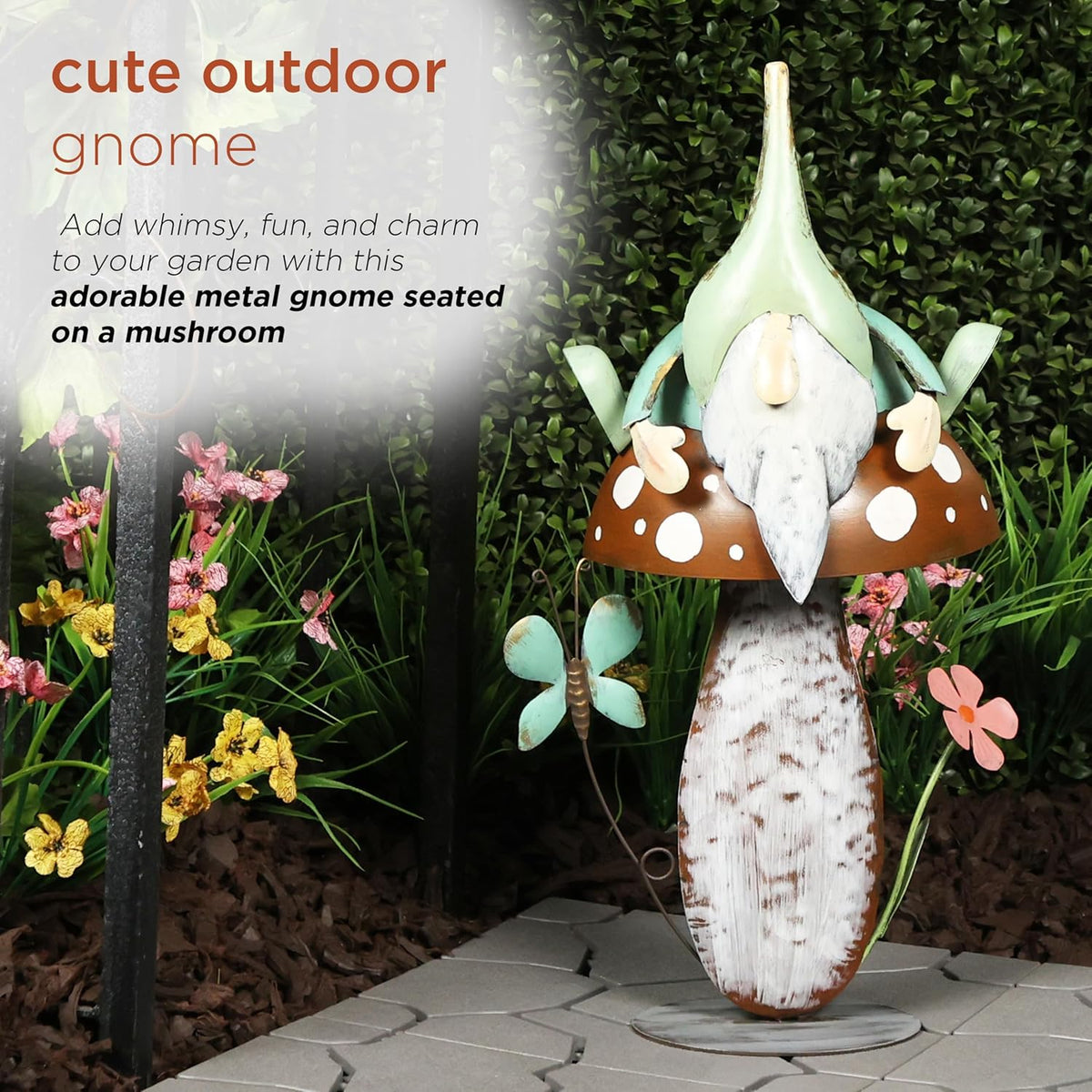 Alpine Corporation - Metal Gnome with Mushroom – 20" Tall Durable Iron Garden Statue, Whimsical
