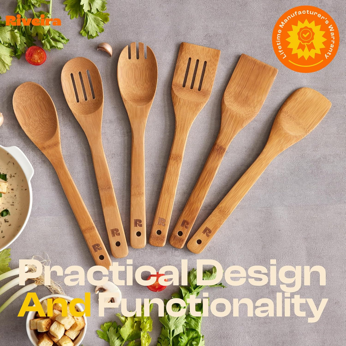 Riveira Dark Bamboo Wooden Spoons for Cooking 6-Piece, Apartment Essentials Wood Spatula Spoon